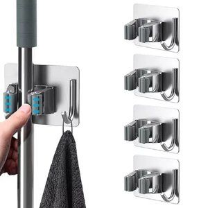 4 Ps Stainless Steel Mop & Broom Holder Set -Self-Adhesive, Wall-Mounted Gripper